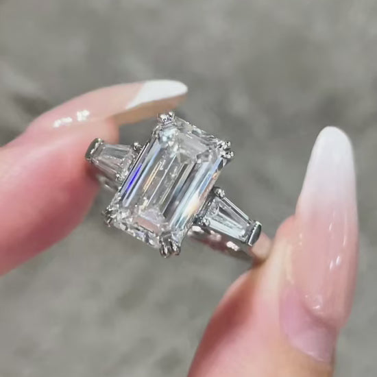 3.37ct Lab-Grown Emerald Cut Diamond Ring in Platinum – Three-Stone Design, DE VS Clarity, IGI Certified